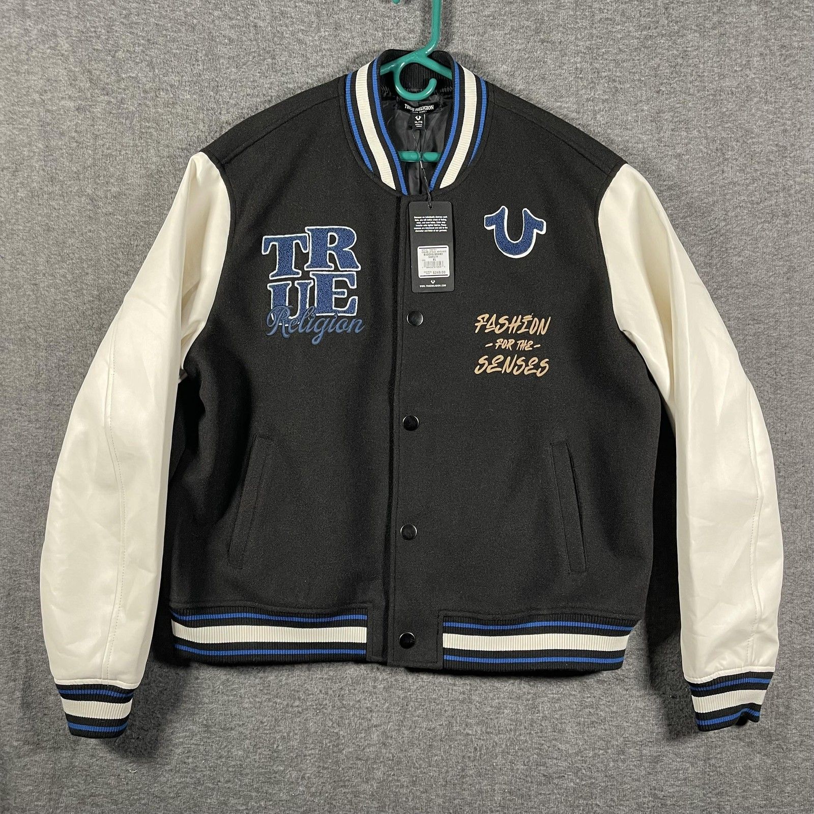 True Religion Jacket Mens Xl Black Buddha Brand Varsity Fashion Senses Logo